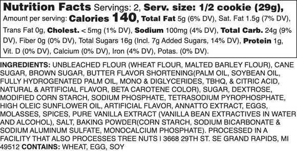 SUGARED GINGERBREAD NUTRITION LABEL