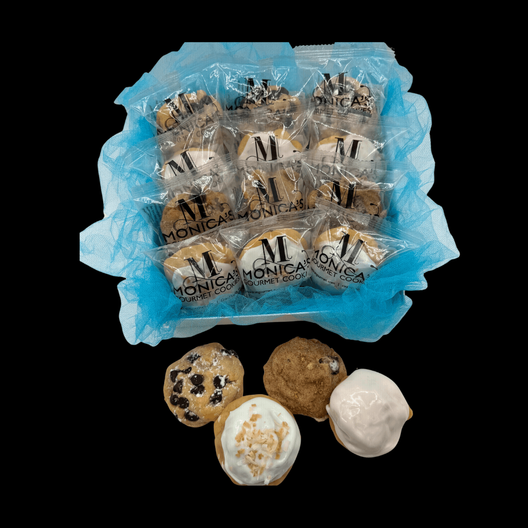 A gourmet gift box with a dozen of our Iced Raspberry, Signature Chocolate Chip, Campfire, and Summer Breeze.