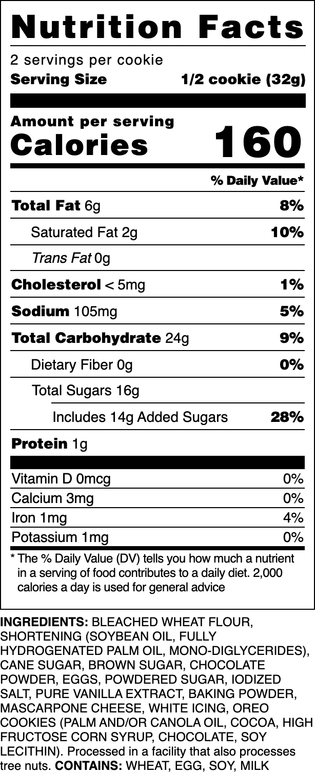 Nutrition label for our AmOreo cookie.
