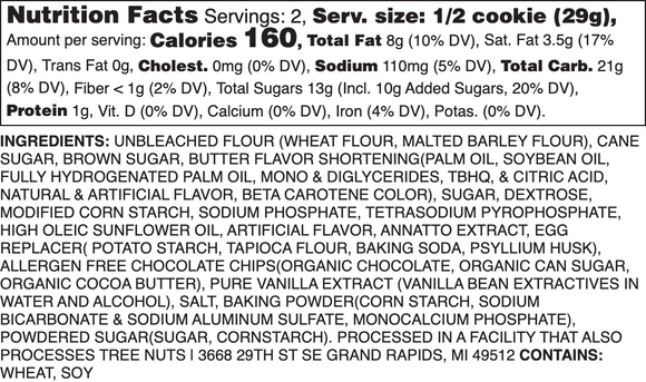 VEGAN DARK CHOCOLATE CHIP NUTRITION LABEL