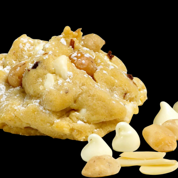 Our gourmet, White Chocolate Almond Macadamia, with white chocolate, almond dough, and macadamias.