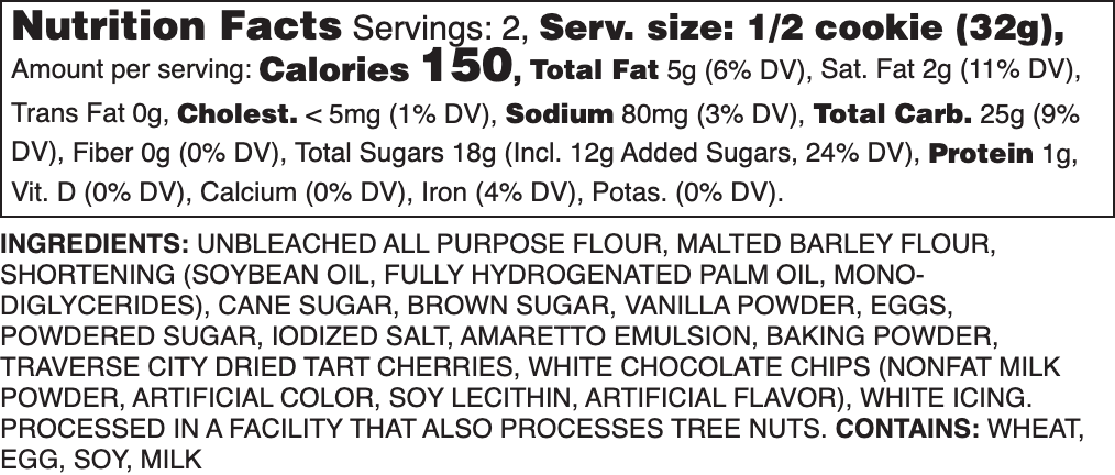 White Chocolate Cherry Amaretto Nutrition Label