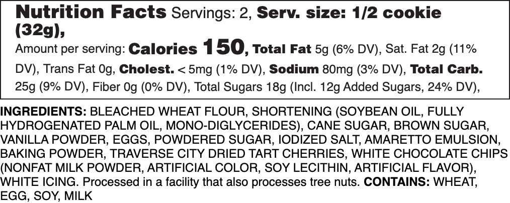 White Chocolate Cherry Amaretto Nutrition Label.