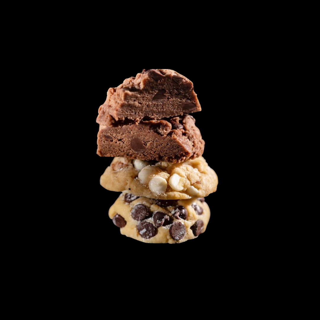 A stack of cookies, brownie, chocolate chip, and white chocolate macadamia.