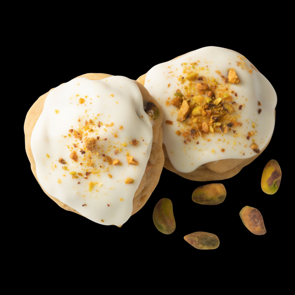 Our gourmet, Royal Coronation with orange dough, pistachios, and Mascarpone Cream Cheese icing.