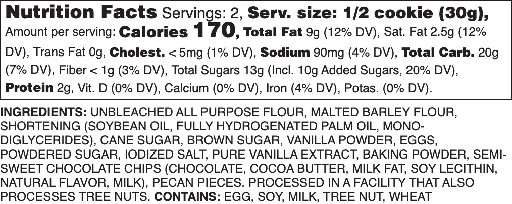Chocolate Chip Pecan Nutrition Label