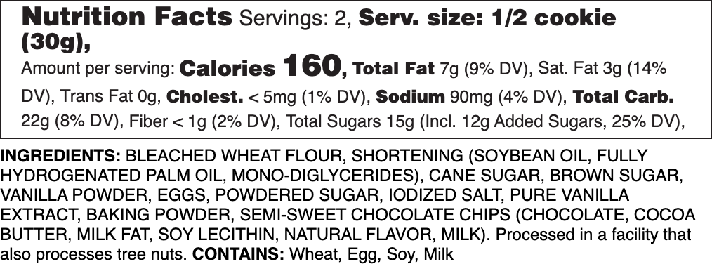 Signature Chocolate Chip Nutrition Label.