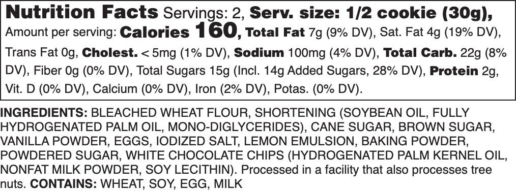 White Chocolate Lemon Chiffon Nutrition Label.
