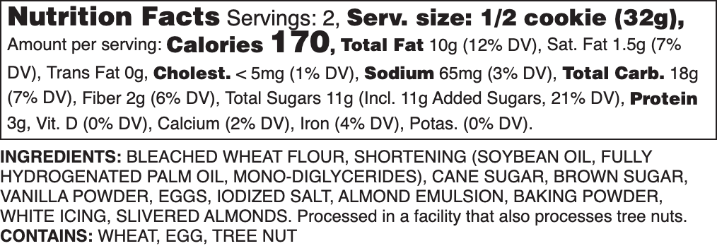 Iced Almond Nutrition Label.
