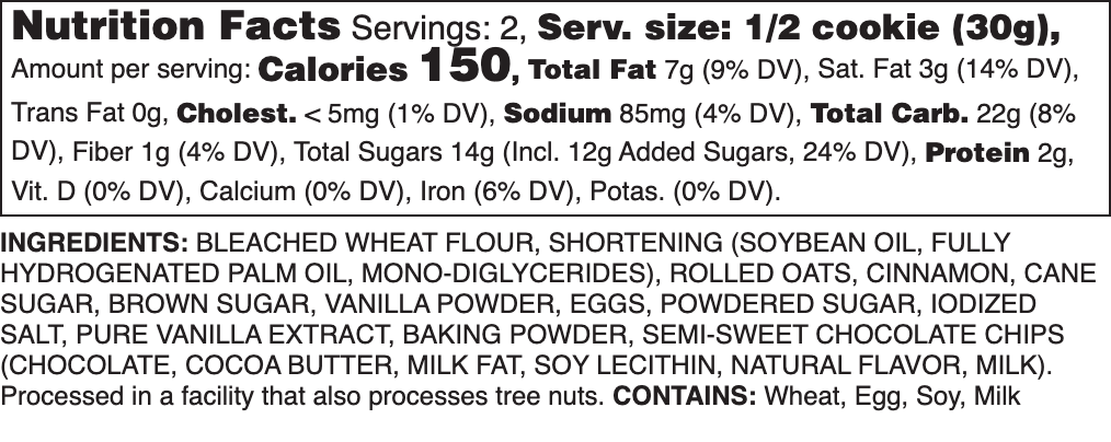 Oatmeal Chocolate Chip Nutrition Label.