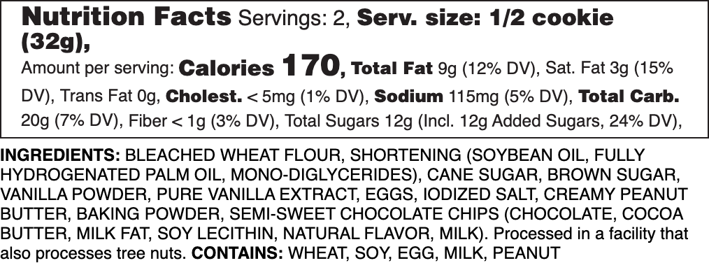 Peanut Butter Drizzle Nutrition Label.
