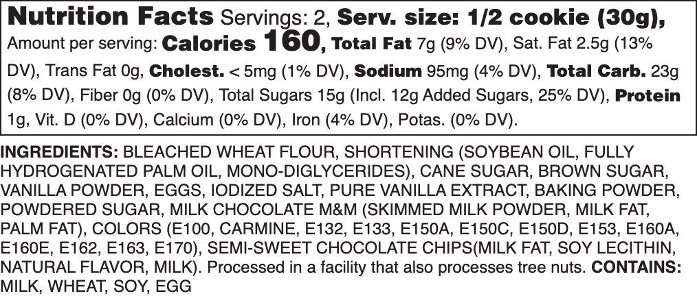 Nutritional Label for Candied Chocolate Chip.