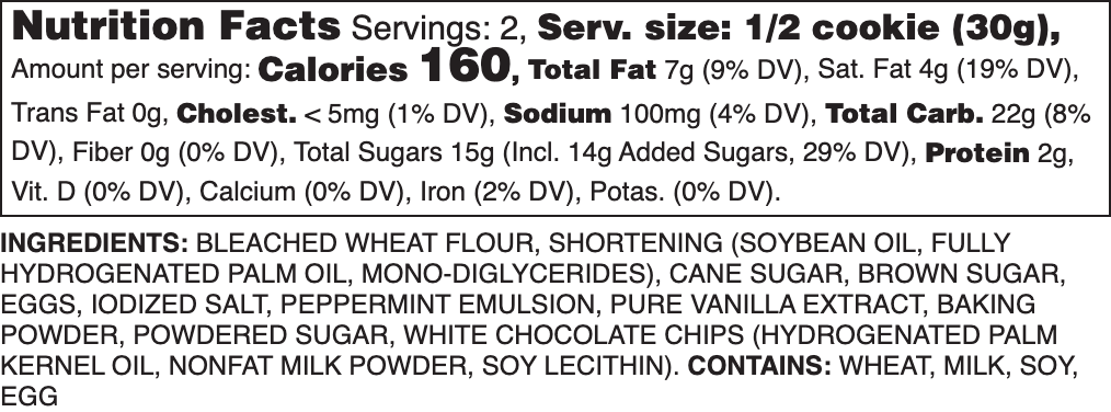 White Chocolate Peppermint Nutrition Label.