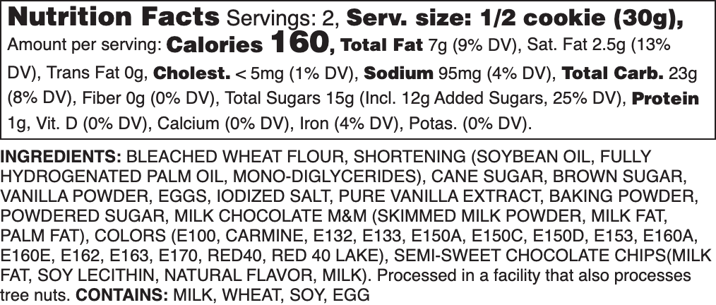 Candied Chocolate Chip Nutrition Label.