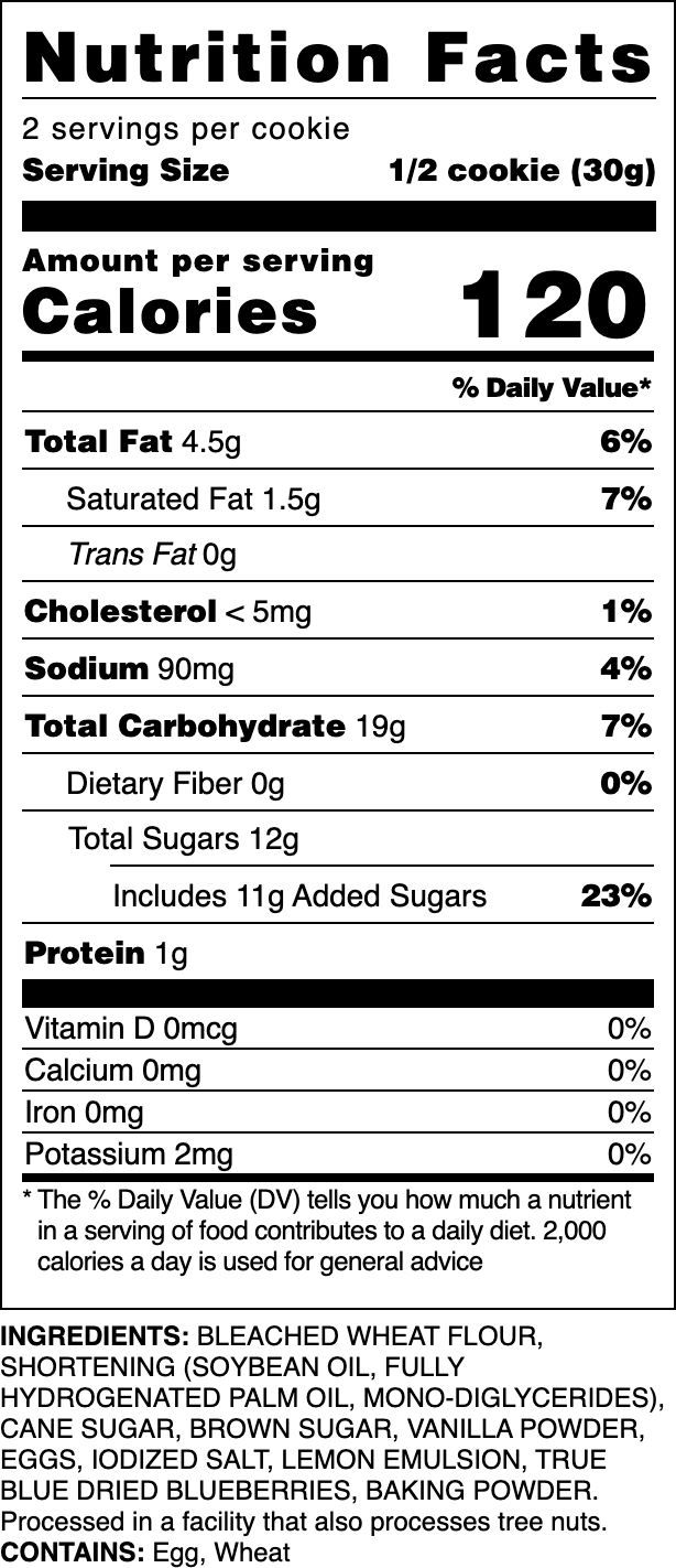Nutrition label for our Sugared Lemon Blueberry cookie.