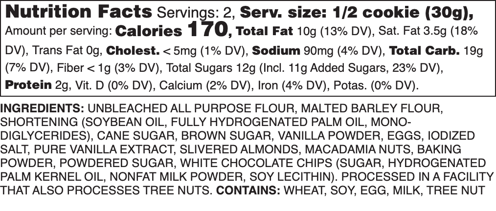 White Chocolate Almond Macadamia Nutrition Label