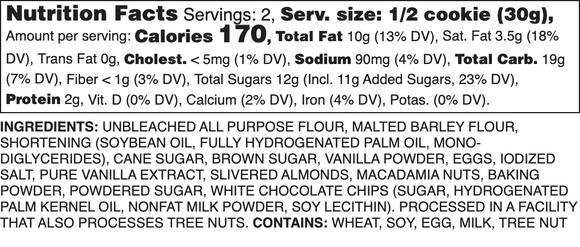 White Chocolate Almond Macadamia Nutrition Label