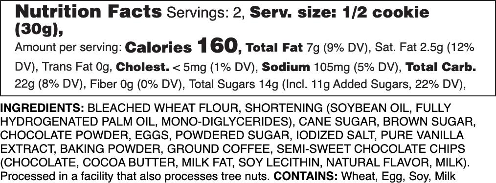 Mocha Chocolate Chip Nutrition Label
