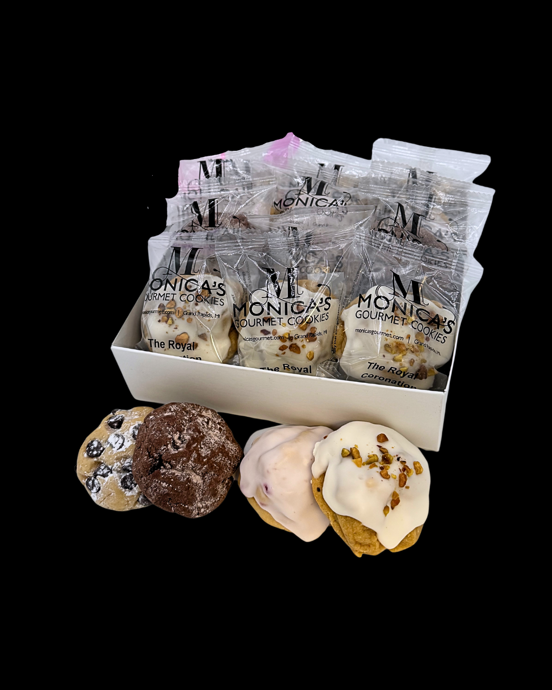 Chocolate Chip, Chocolate Brownie Grenade, Iced Raspberry, and The Royal Coronation.