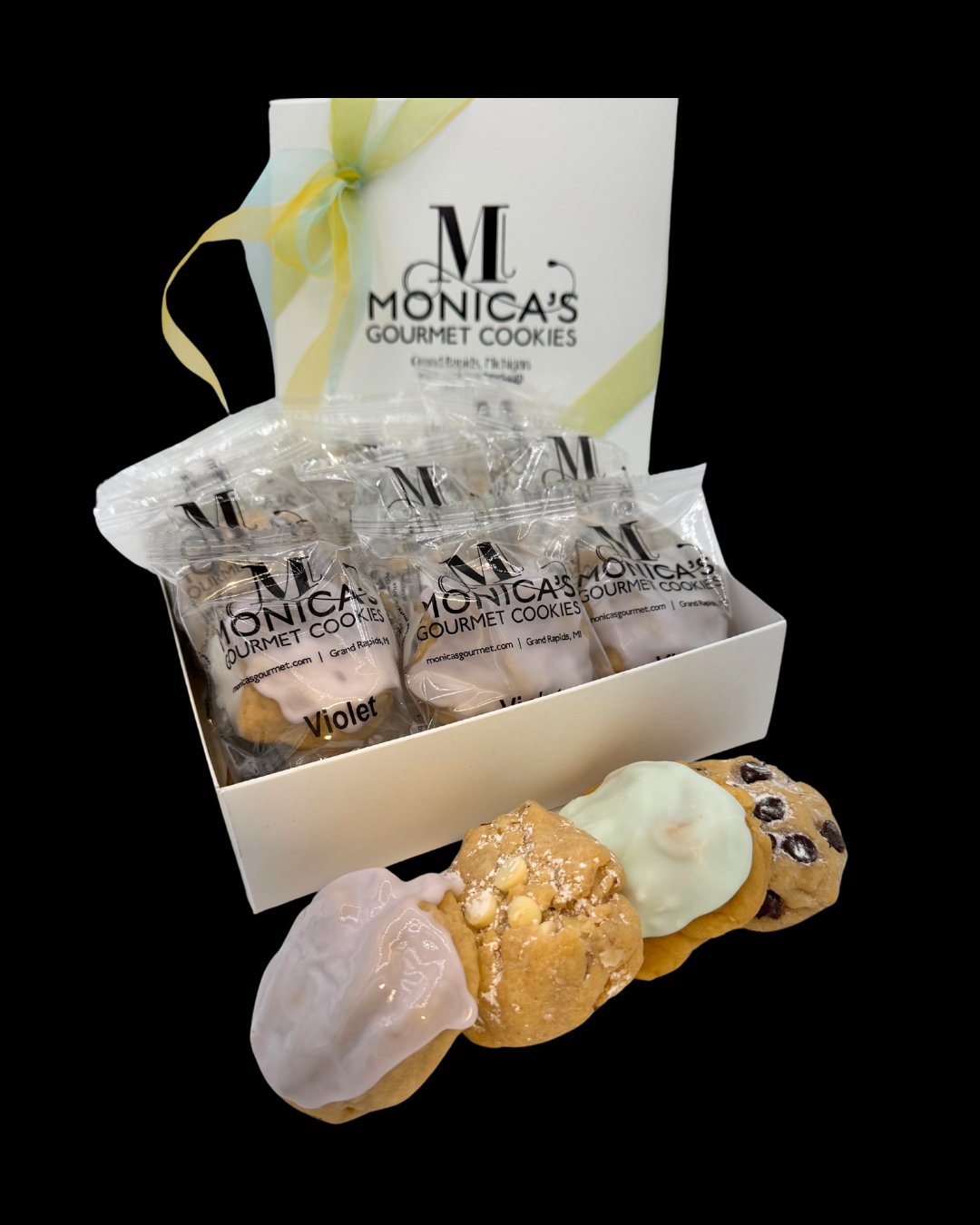 Violet, Iced Keylime, White Chocolate Almond Macadamia, and Iced Keylime.