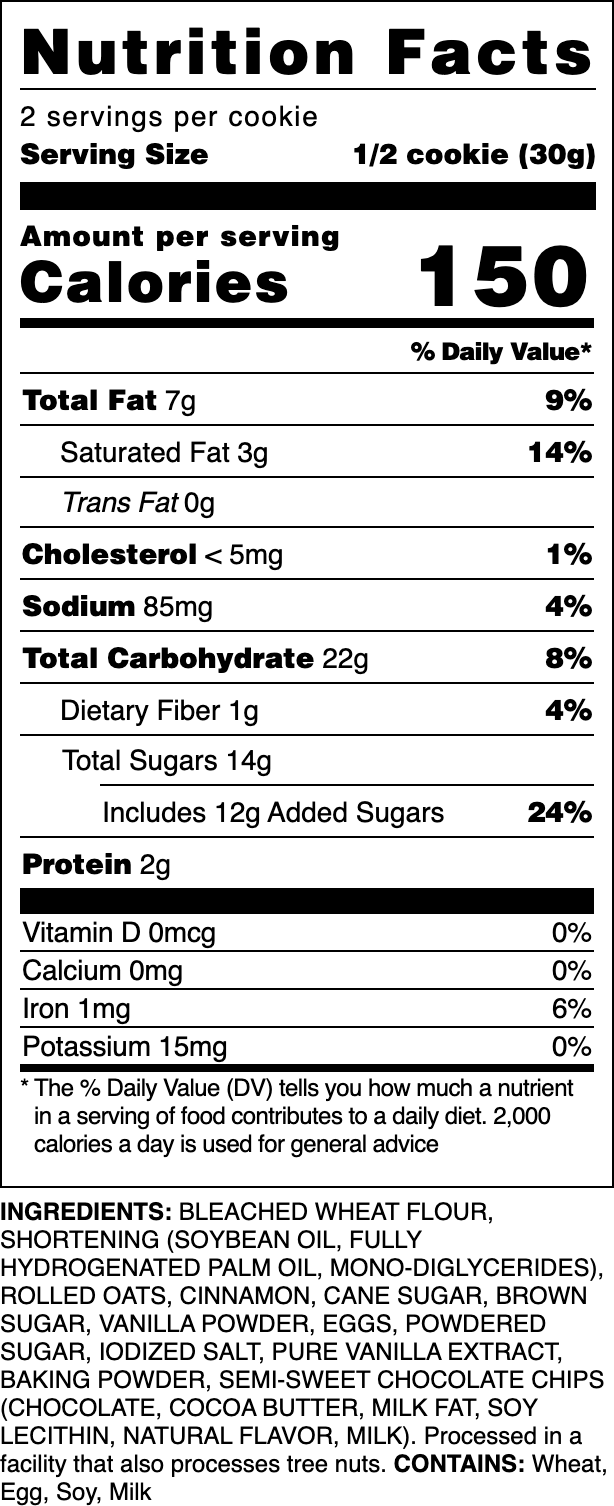 Nutrition label for our Oatmeal Chocolate Chip.