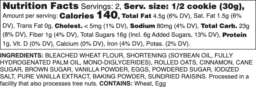 Oatmeal Raisin Nutrition Label.