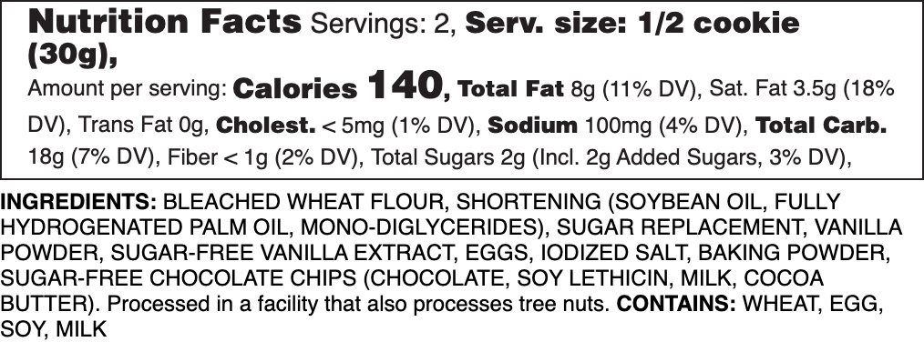 Sugar-Free Chocolate Chip Nutrition Label.