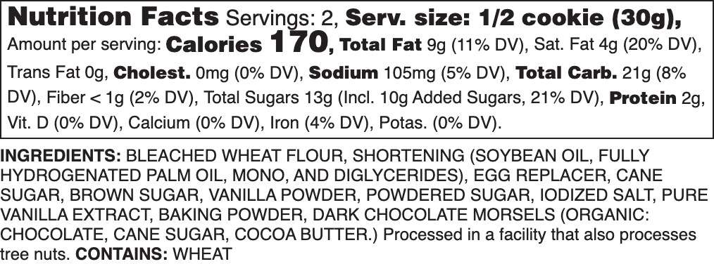 Vegan Dark Chocolate Chip Nutrition Label.