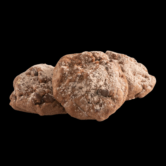 Our gourmet, handcrafted Chocolate Brownie Grenade cookie, with chocolate chips, brownie flavor, and powdered sugar on top.