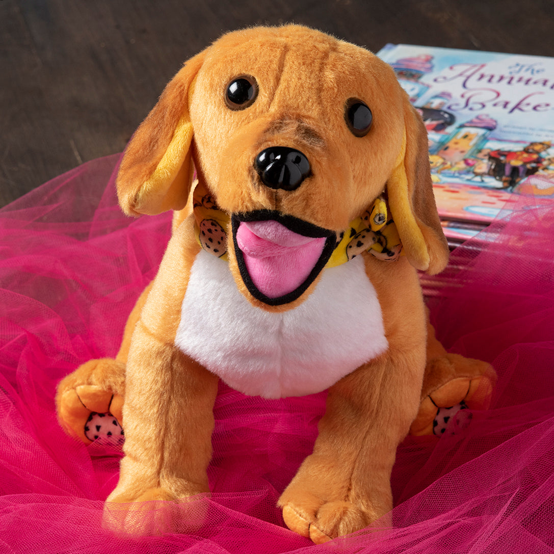 Lemmy, The Dog, stuffed animal from our children's book, The Annual Royal Bake-Off. | Monica's Gourmet Cookies