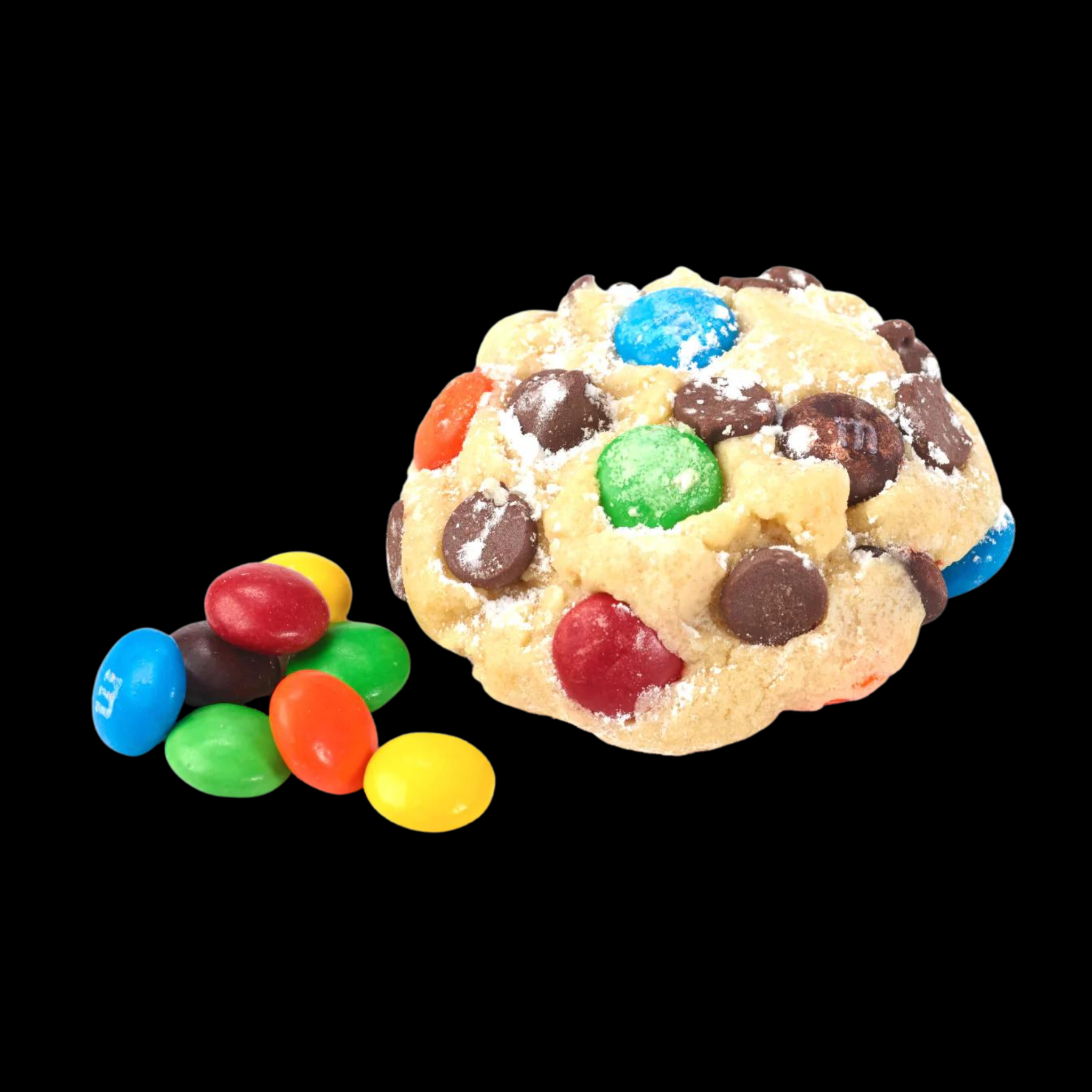 Our  handcrafted, gourmet Candied Chocolate Chip cookie, with vanilla dough, milk chocolate pieces, and powdered sugar.