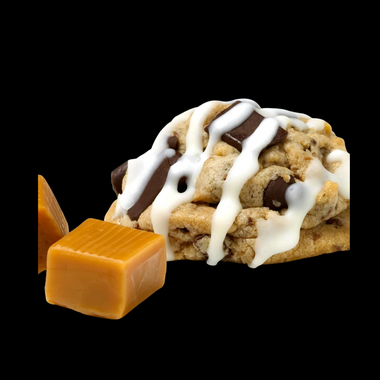 Our gourmet, handcrafted Caramel Rock cookie, made with toffee bits, chocolate chips, heath chunks, peanut butter, and caramel icing. 