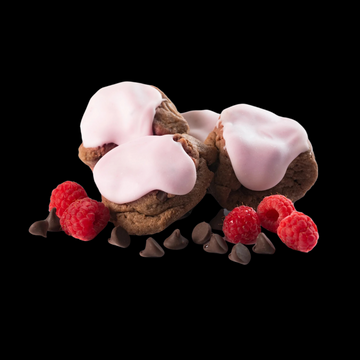Our gourmet, handcrafted Iced Brownie Raspberry cookie with raspberry icing, and a chocolate-brownie dough.