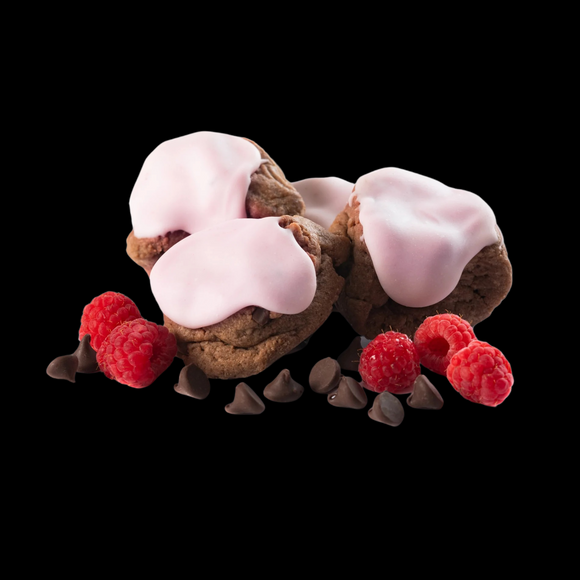 Our gourmet, handcrafted Iced Brownie Raspberry cookie with raspberry icing, and a chocolate-brownie dough.